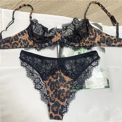 Sexy lingerie female leopard satin splicing lace bra set chest big show small upturn anti-sagging underwear