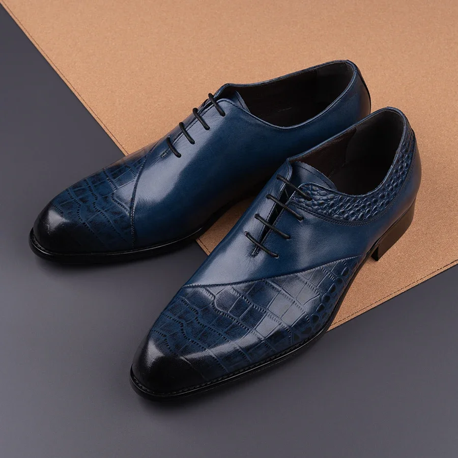 Blauwe Oxfords voor heren handgemaakte feestschoenen Luxe lederen schoen Bruine voering Nieuwe stijl Retro Designe Office Wear