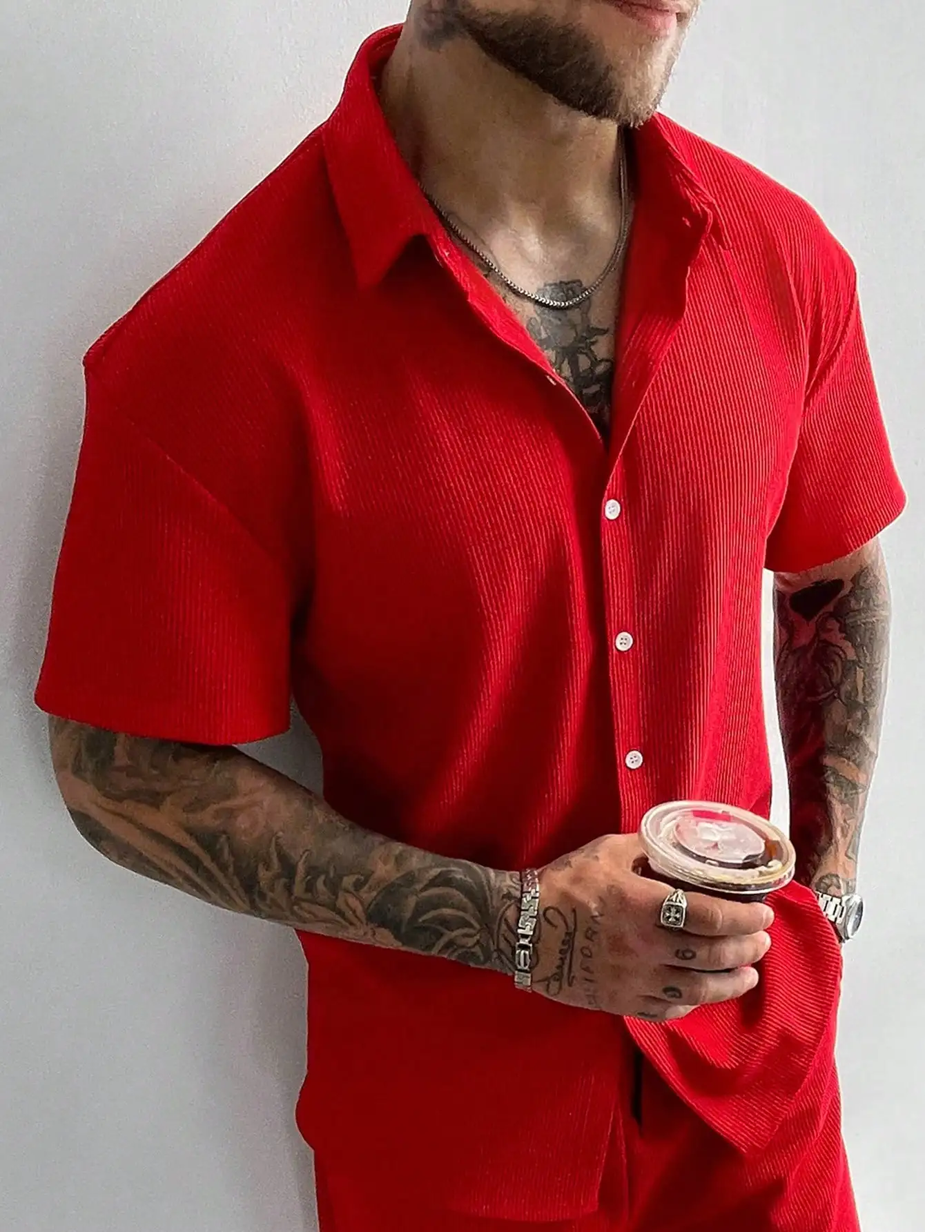 

Men's Red Ribbed Knit Short Sleeve Button-Down Shirt, Casual Summer Wear