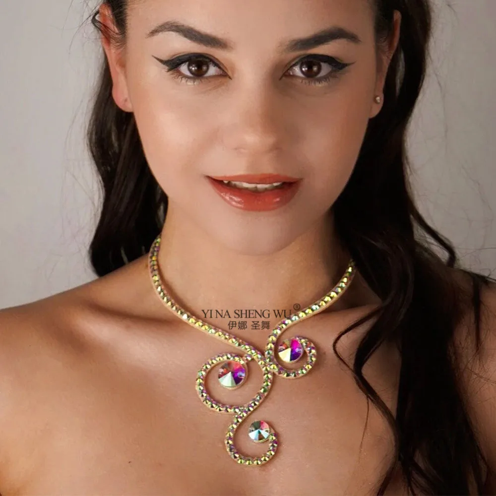 

Блестящее ожерелье для танца живота, аксессуар со стразами, танец живота, сценическое представление, египетское шоу, танцевальное ожерелье, цепочка на ключицу, 1 шт.