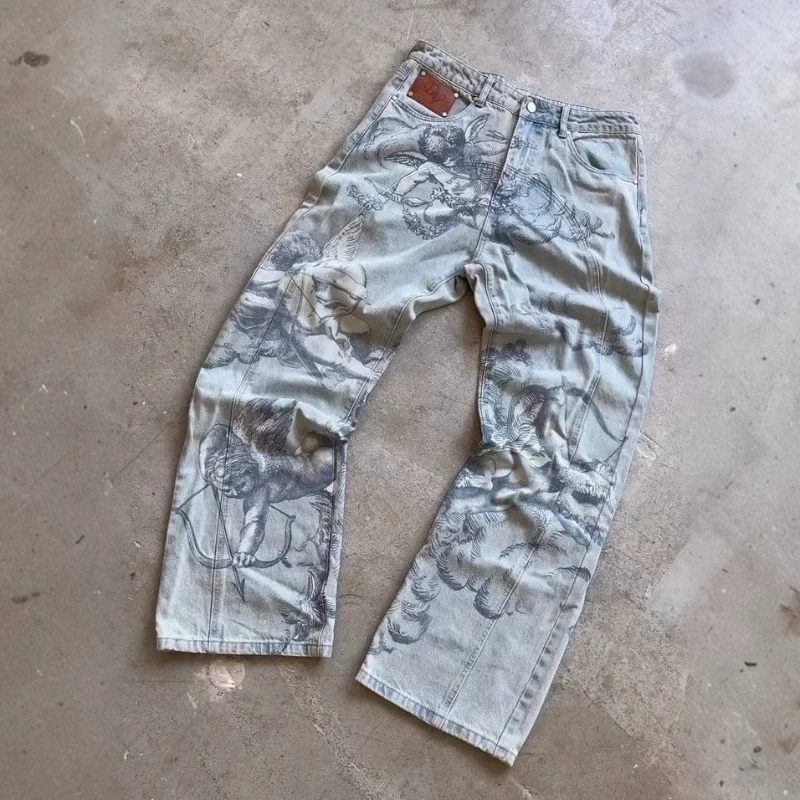 Calças de ganga estilo Y2K, com padrão clássico e motivos artísticos, calças de ganga com estampa de anjo, estilo retro gótico, hip hop, moda de rua e