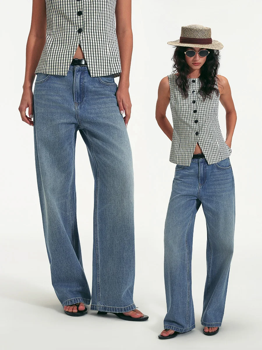 

Vintage Waed Pure Cotton Straight Leg Wide Leg Jeans Women's One-Piece Slimming Classic Casual Denim Trousers