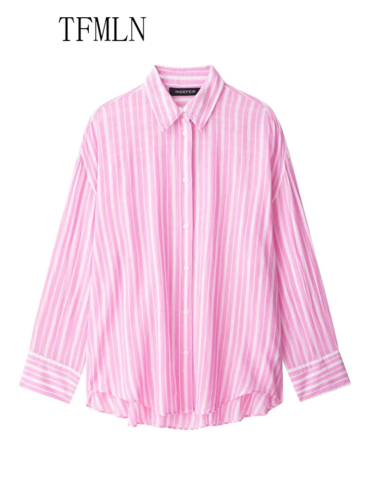 TFMLN 2025 Summer Women Striped Blouse Short Sets Simple Causal Single Breasted Loose Tops Elastic Waist A-line Short Outfits