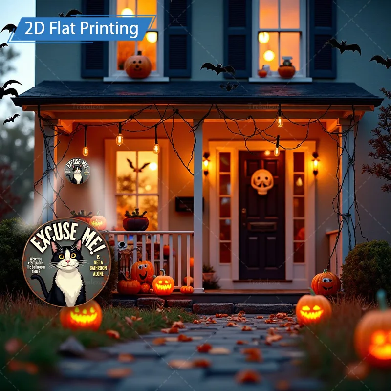 1pc 8x8inch Metal Sign Halloween Cat Sign "Excuse Me!" 2D Flat Print Decor for Outdoor Yard Art