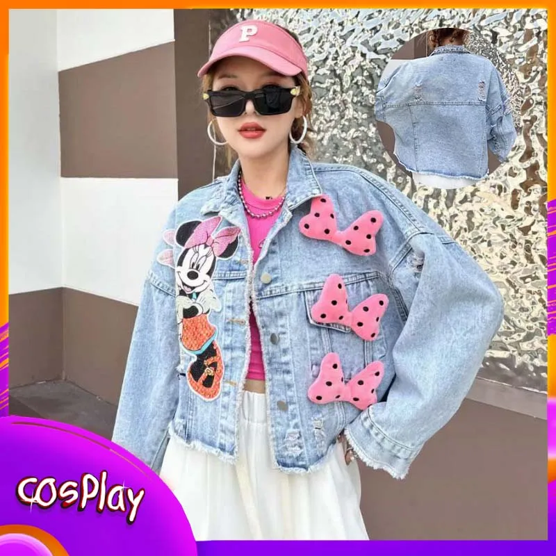 

Minnie Denim Jacket Disney Cartoon Cute Coat Casual Fashion Trendy Bow Women Top Loose Short Style Young Girl Clothes Gift