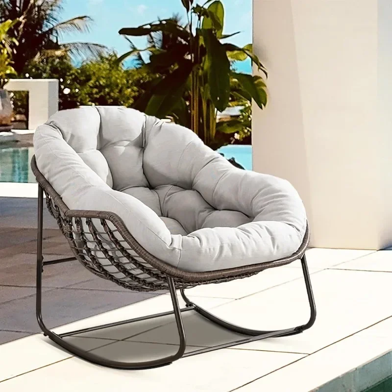 Villeston Outdoor Papasan Rocking Chair - Oversized Comfy Patio Chair Indoor Egg Royal Rattan Rocking Chair with Cushion