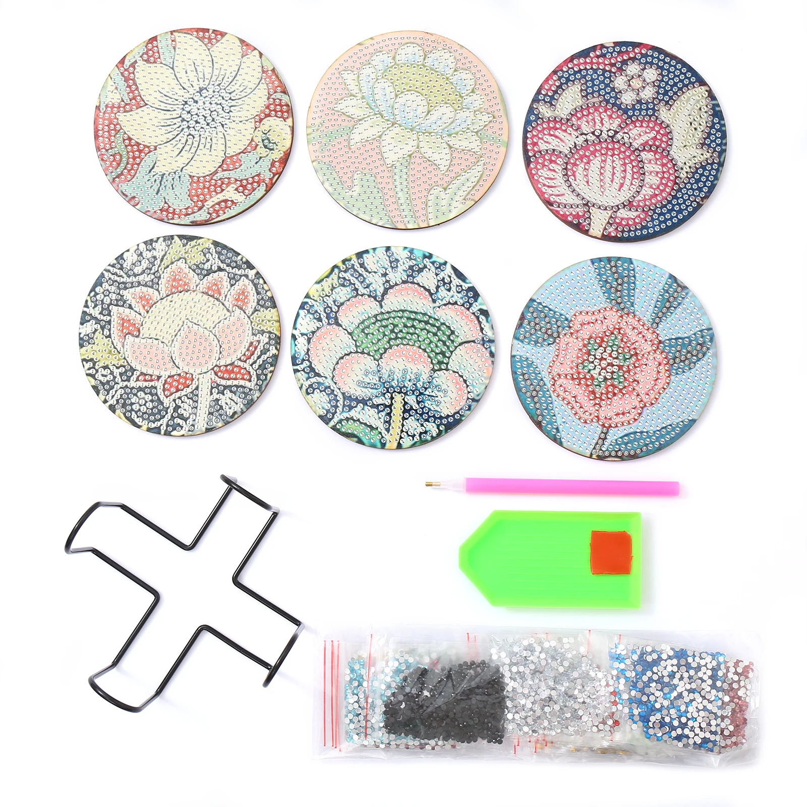 ماندالا الكريستال أحجار الراين الوقايات الخشبية للبالغين ، الوقايات الفنية الماس ديي مع حامل ، 6 في المجموعة