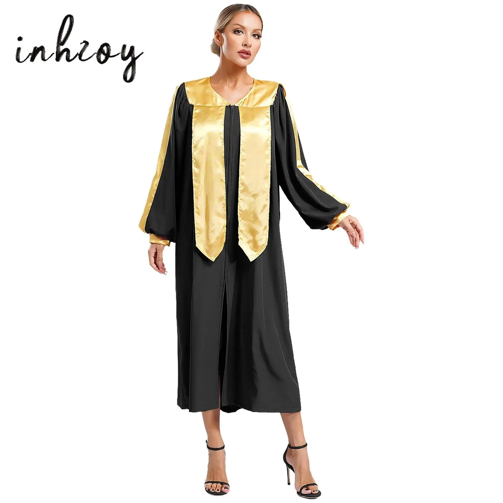 

Womens Girls Choir Robe Liturgical Praise Dance Dress Halloween Cosplay Party Costume V-neck Long Sleeve Color Block Zipper Gown