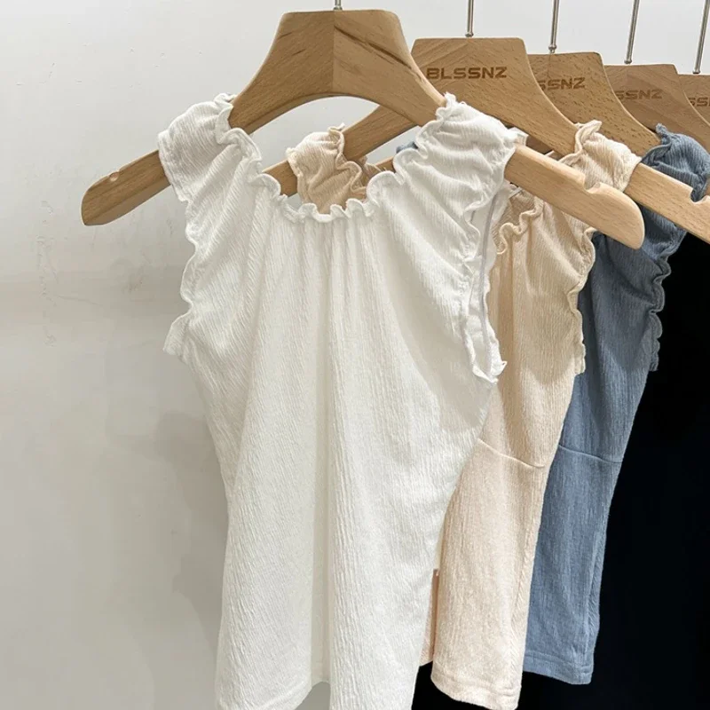 새로운 한국 스타일 솔리드 플리츠 엣지 탱크탑 여성 여름 민소매 섹시 보우 V넥 슬림 탑 여성 심플 스윗 큐트 베스트 Y2K