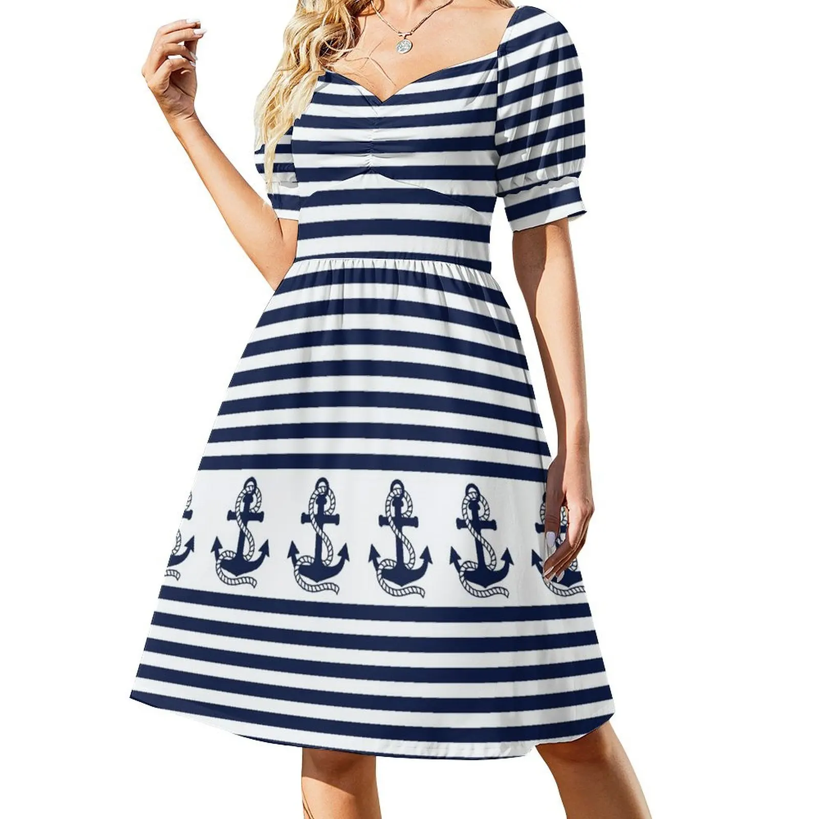 Nautical blue and white stripes with navy blue anchor Short-Sleeved Dress Women long dress Woman clothes