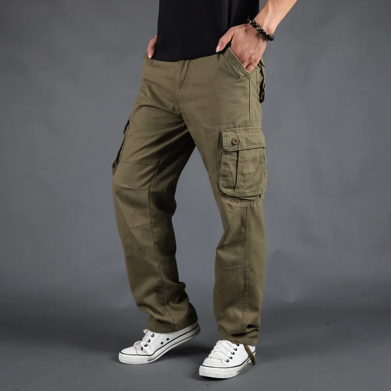 

American style Fashion Men’s Multi Pockets Simple Basic Casual Trendy Plus Size Loose Cotton Cargo Trousers Male Pants Clothes