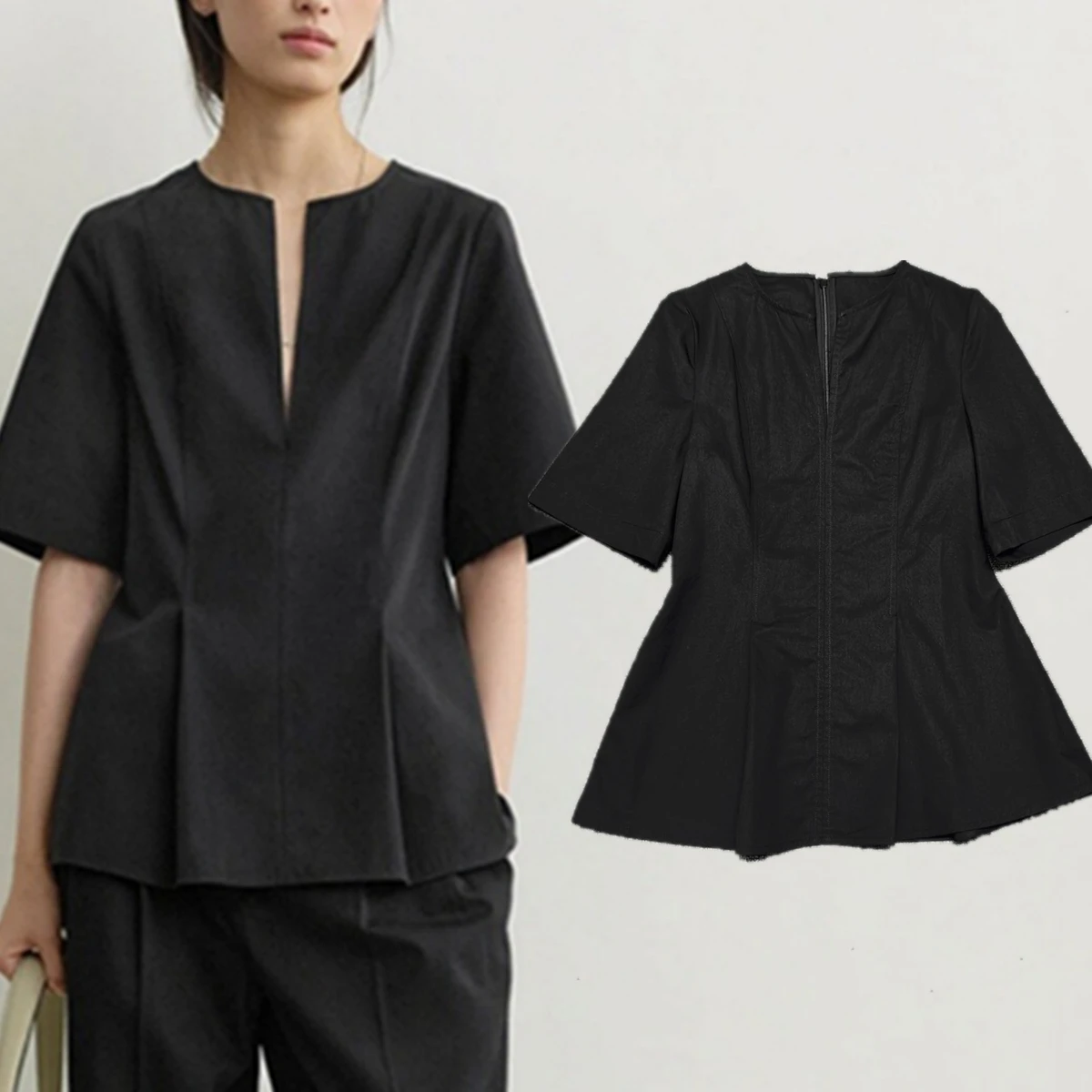 

Dave&di French Laziness Minimalist Slimming And Elegant Black Color Women's Blouses And Shirt Woman Clothing Women's Shirt Tops