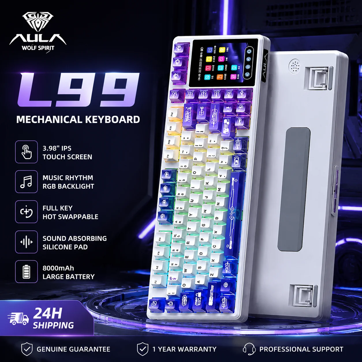 

AULA L99 Mechanical Keyboard Intelligent Screen Wireless Bluetooth Gasket Structure Gaming Keyboard RGB Lighting Night Vision