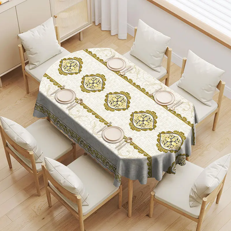 

Tablecloth Oval PVC Beige Classic Table Cover 200cm Water Resistant Table Cloth for Dining Oilproof Ellipse Home Decor