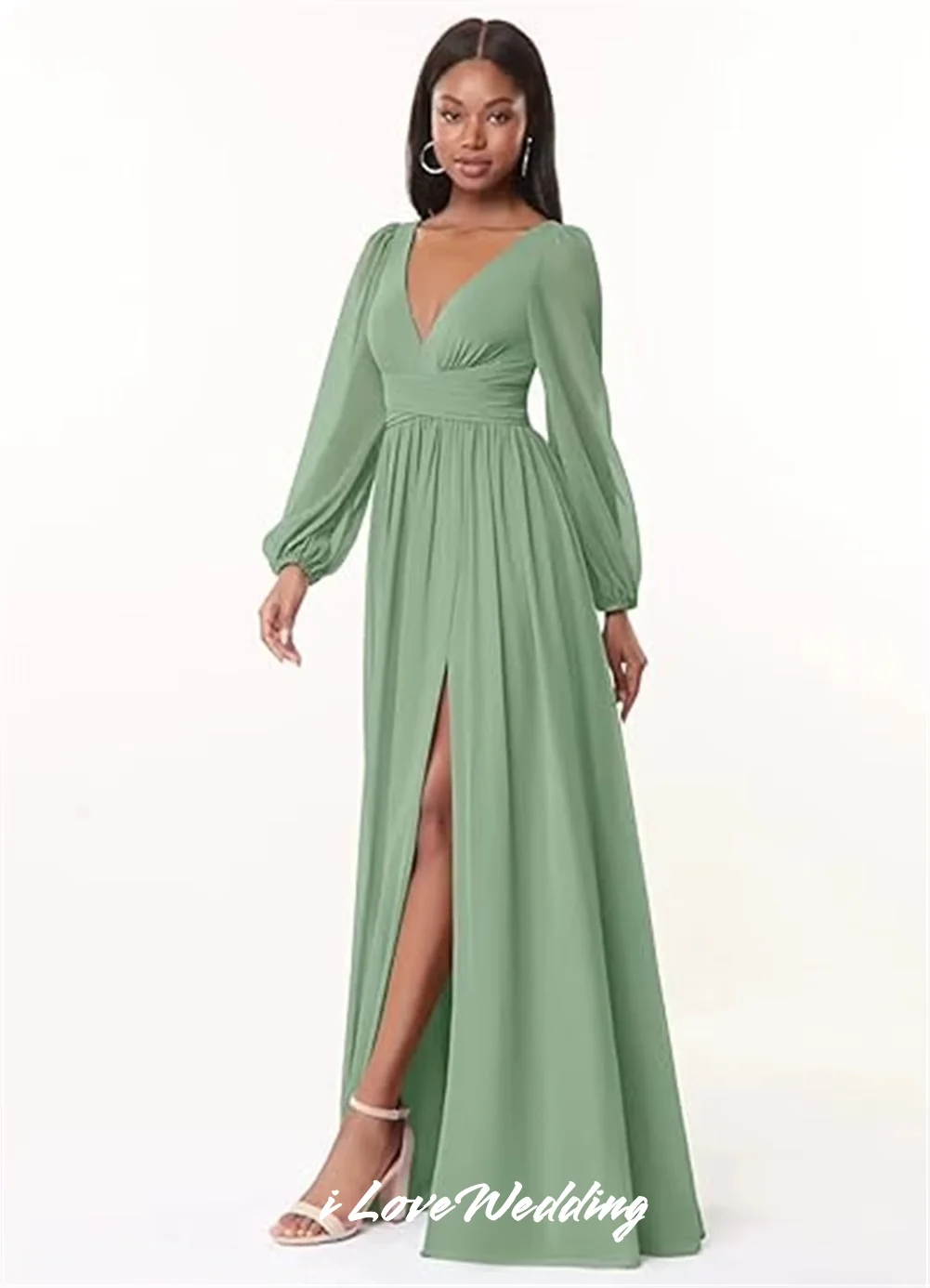 

Plus Size Long Sleeve Sexy Bridesmaid Dresses 2025 Chiffon V-Neck A-Line Side Split Floor-Length Wedding Guest Dress Customized