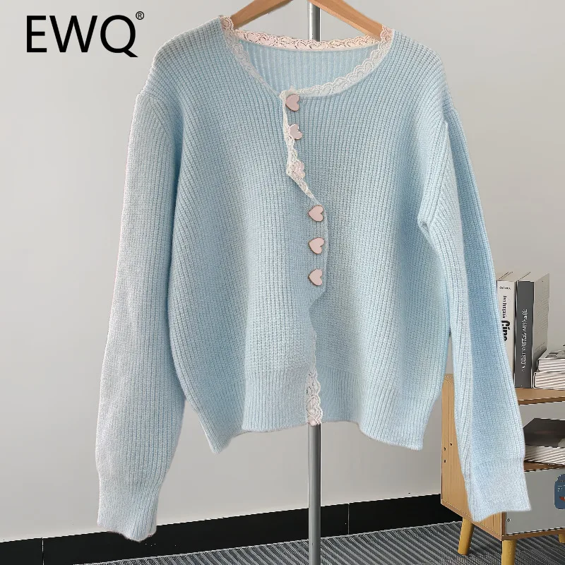 EWQ Sweet Lace Patchwork Knitted Shirt For Women Korean Style Round Collar Long Sleeve Top Clothing 2024 Autumn New 27X763