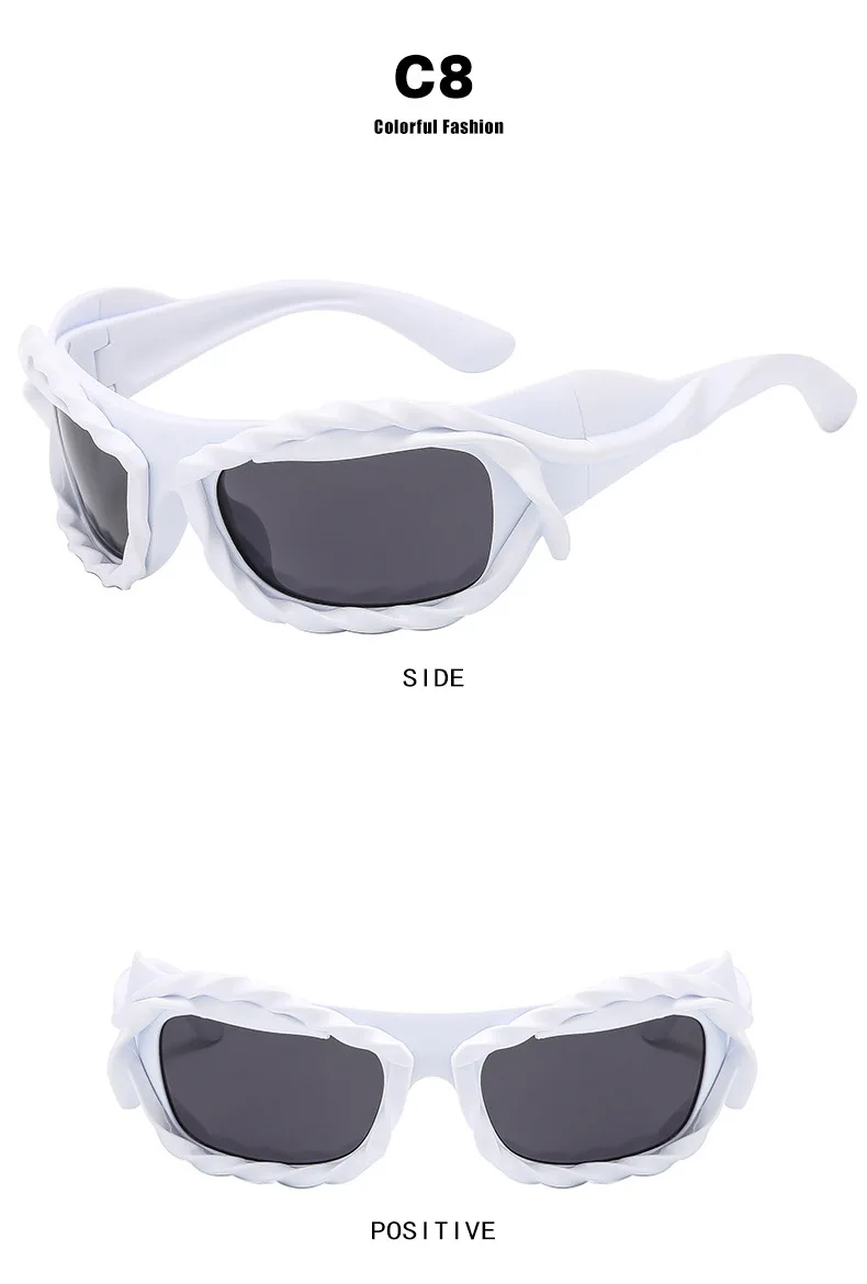 Einzigartige Hip-Hop-Y2K-Sonnenbrille für Damen und Herren, neue Sport-Sonnenbrille mit gedrehtem Design, Party-Sonnenbrille für Frauen, silberne Retro-2000er-Brille – Detail 14