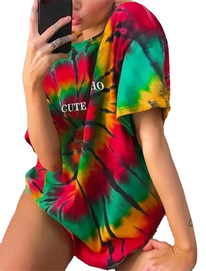 Indie Multicolors Print Casual T-Shirts Women Summer Fashion O-Neck Short Sleeve Loose Tops Green Yellow Plus Size Pullover Tees