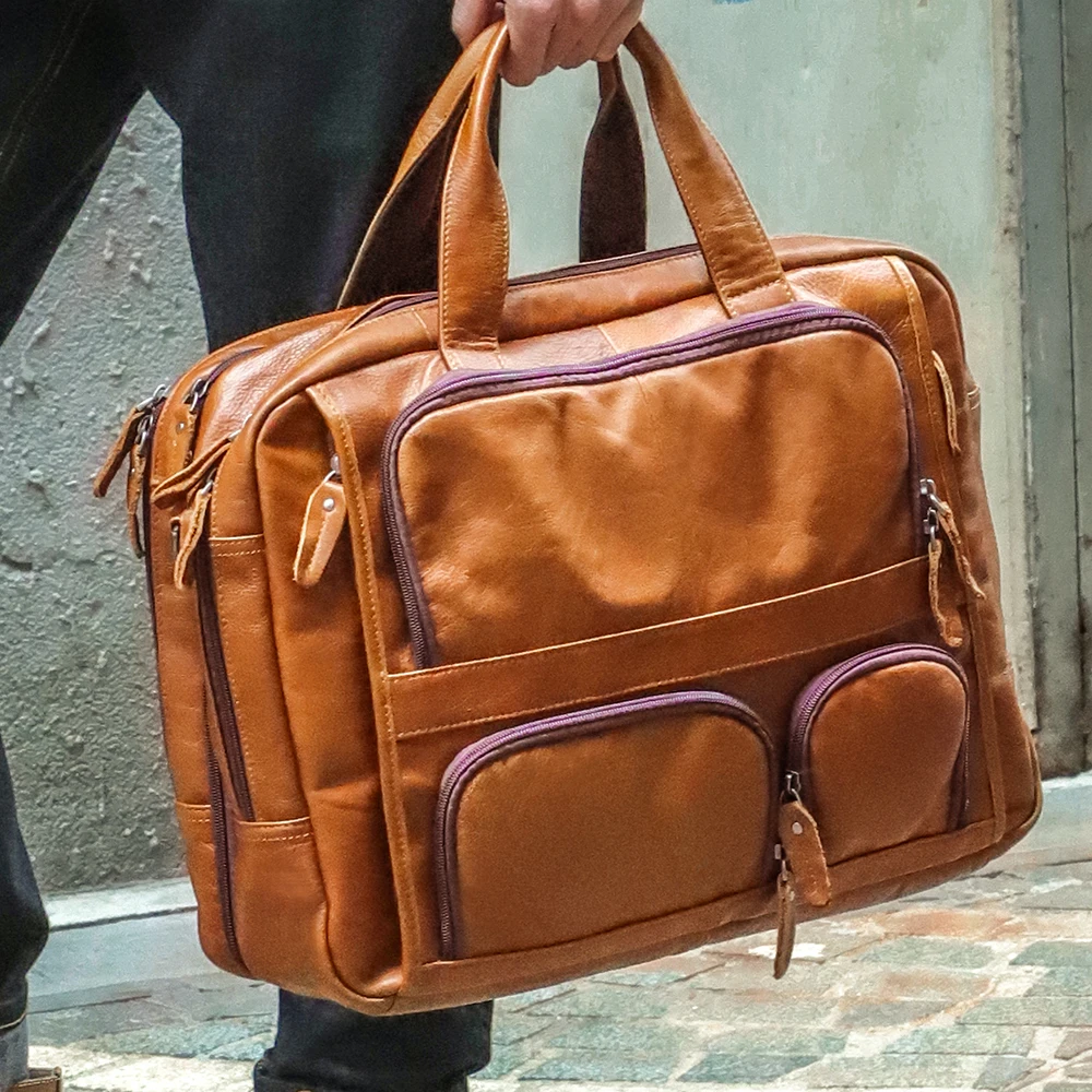 Bolsa para ordenador portátil de 17 pulgadas para hombre bolso de negocios retro multifuncional para documentos oficiales bolso cruzado de piel de vaca de capa superior bolso de trabajo para hombre