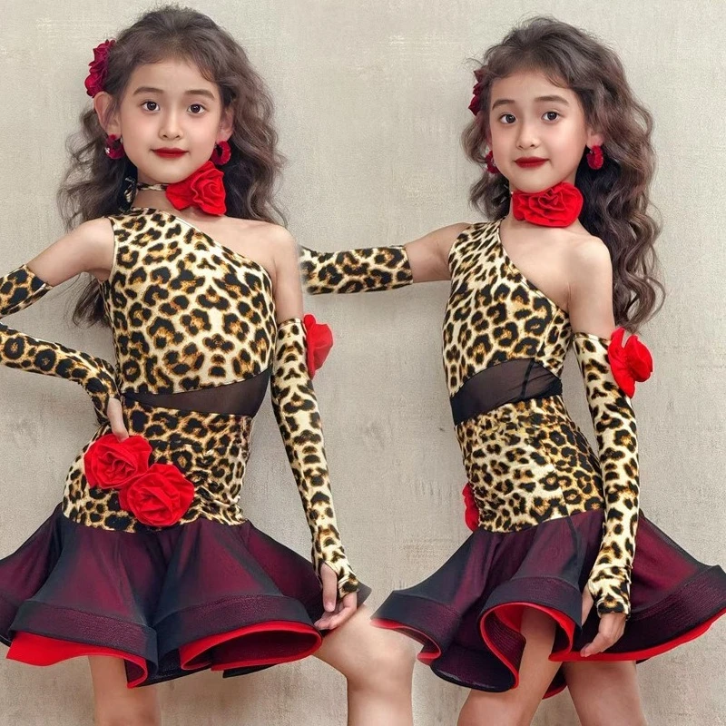 

New Kids Latin Dance Dress Leopard Mesh Girls High End Practice Wear Training Performance Costume Children Ballroom Outfits