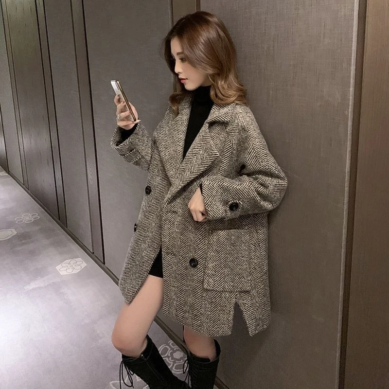 Handmade Sewn Double-sided Woolen Blazer Women Spring Autumn Plaid Wool Overcoat Office Lady Casual Suit Coat Thick Jacket
