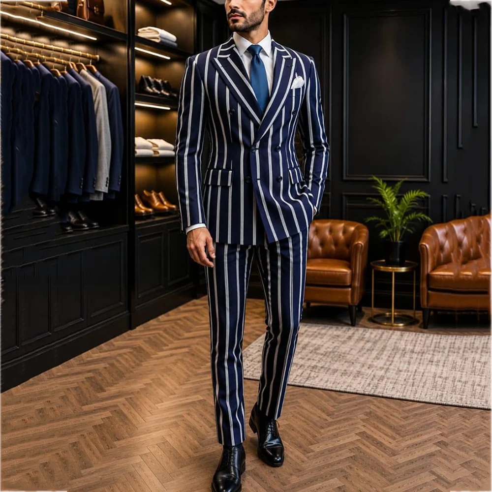 Stylish Striped 2 Piece Men's Suit Double Breasted Peak Lapel Blazer Pants Formal Business Wedding Party Prom Luxury Set