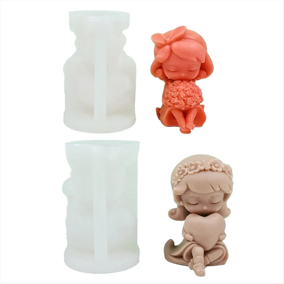 신제품 2개입 3D 장미 하트 모양 소녀 양초 실리콘 몰드 DIY 장미 소녀 수제 향초 석고 레진 몰드