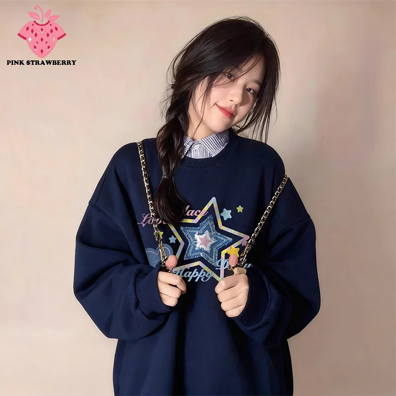 

Korean Popular Navy Blue O-Neck Hoodie Women Autumn Winter New Cotton Long sleeves Plush Warm Sweatshirt Y2K Top Woman clothes