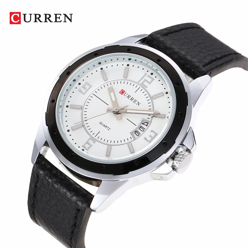 

CURREN 8124 Men Quartz Watch Black Fashion Simple Calendar Analog Display Leather Strap Wrist Watches for Male Clock Gift