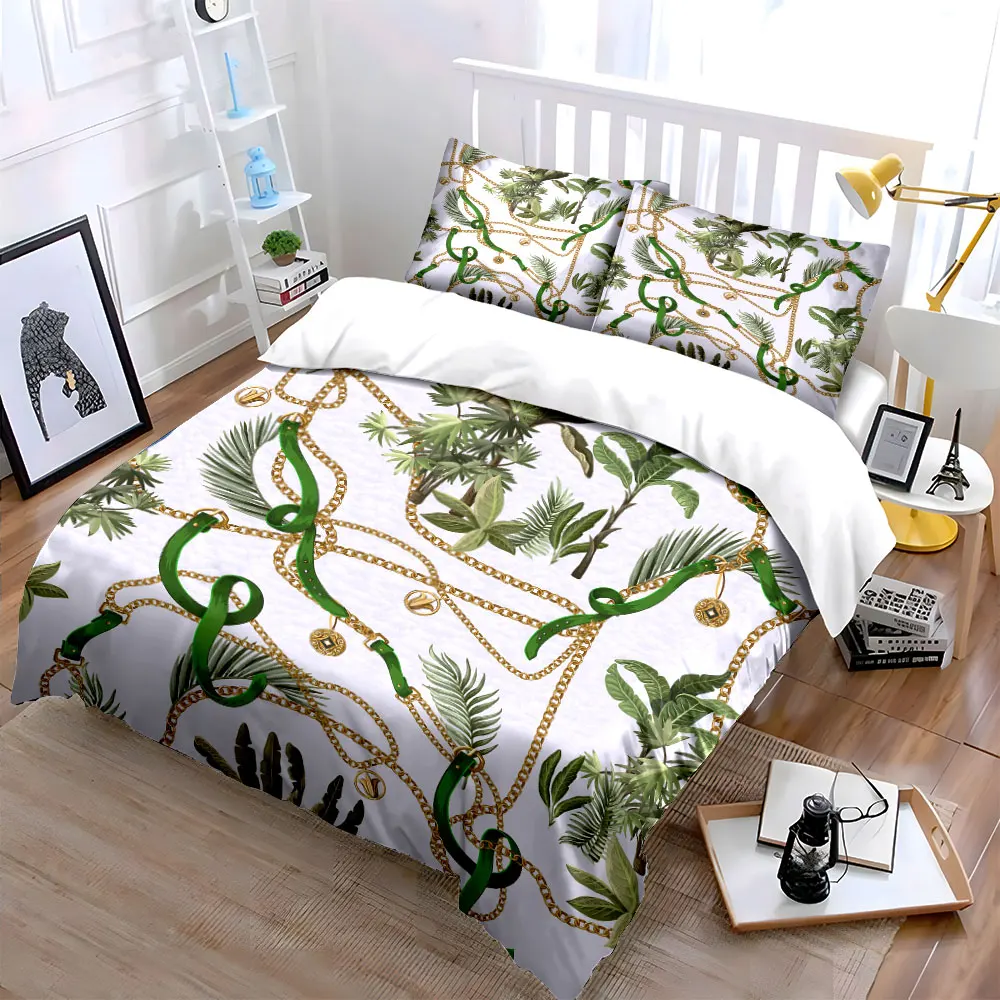 Gold Chains and Green Plants Bedding Set for Kids Luxury Gift 3pcs Digital Print Comforter Set Soft Comfortable Breathable