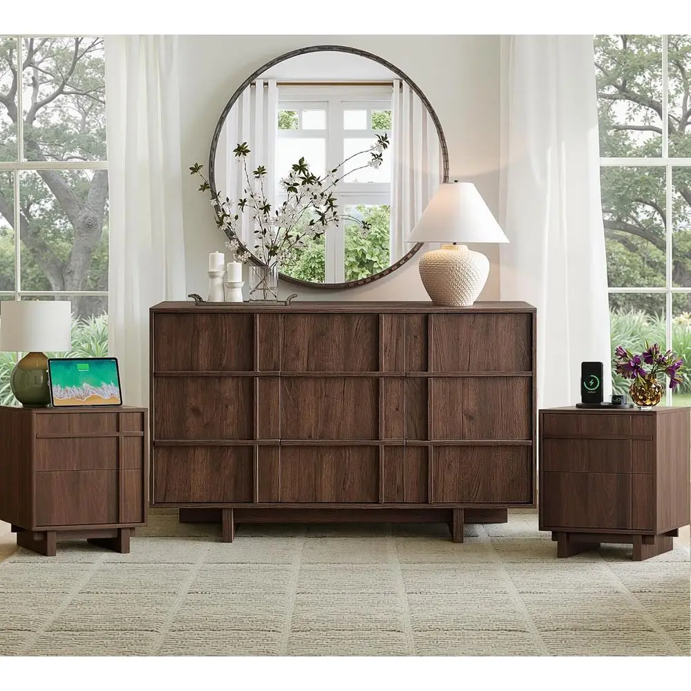 

3-Piece Modern Drer Nightstand Set for Bedroom or Living Room, Walnut Wood Chest Included