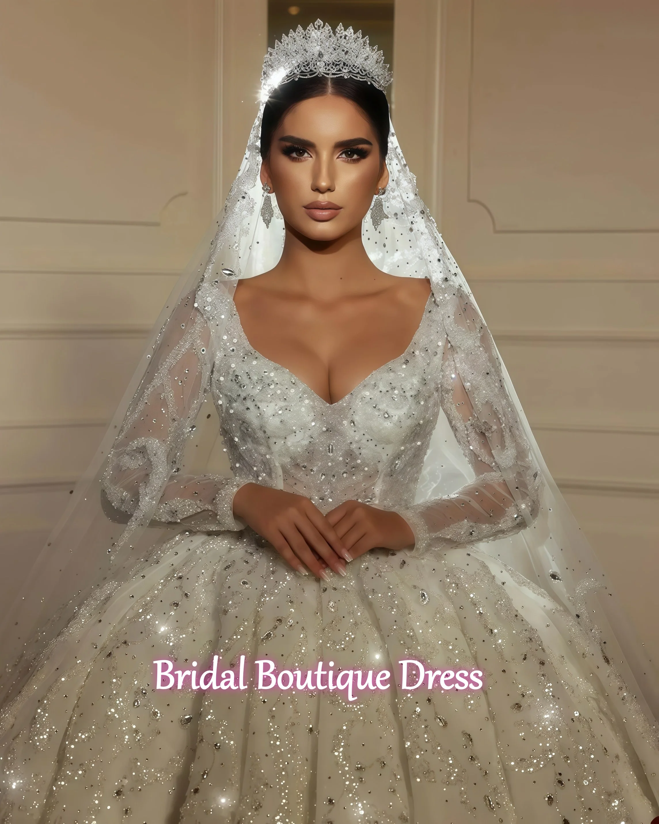 Изысканное бальное платье по индивидуальному заказу, свадебные платья с вырезом в форме сердца и длинными рукавами, свадебные платья с блестками и кристаллами, со шлейфом