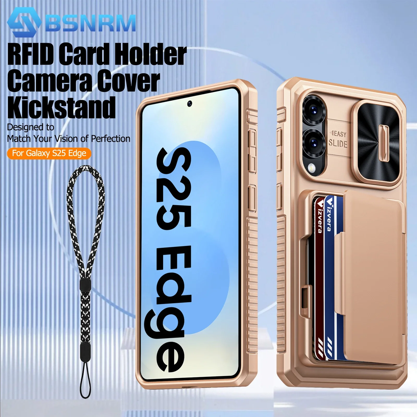 

Защитный чехол для телефона Galaxy S25 Edge, держатель для RFID-карт, чехол для камеры, прочный противоударный силиконовый чехол на весь корпус-золотой