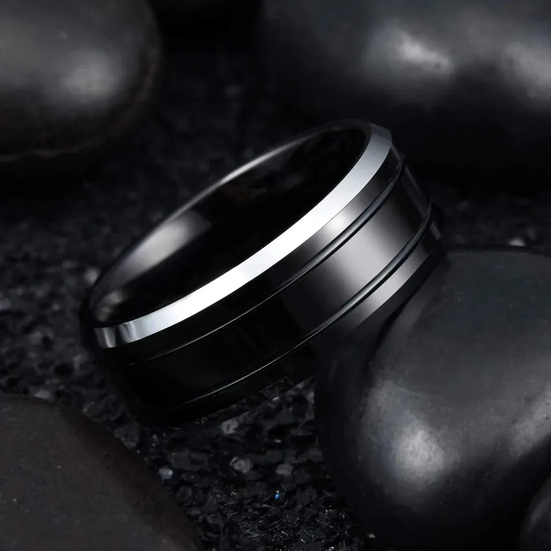 Fashion 8mm Black Stainless Steel Rings For Men Double Groove Beveled Edge Men Engagement Ring Wedding Anniversary Jewelry Gifts
