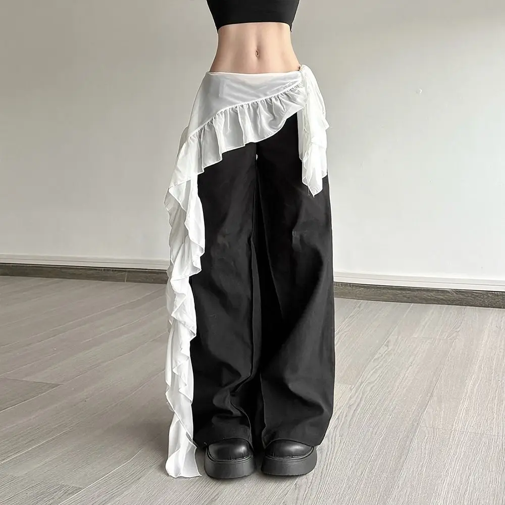 

Jeans Pants Decor Irregular Lace Mini Skirt Y2K Streetwear See Through Lace Up Ruffles Skirt Harajuku High Waist Pleated Skirts