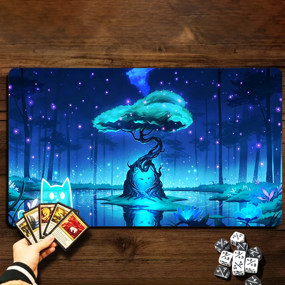 Water Pond Magic Cat Tree TCG Playmat Magic Playmat Gathering Gaming Mat with Stitched Edge Anti-slip base Trading Card Game