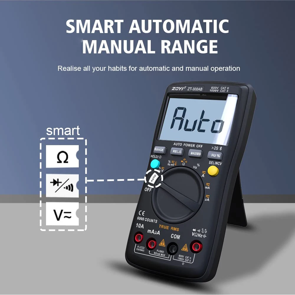 ZT-300AB 블루투스 디지털 멀티 미터 테스터, True RMS 테스터, 자동 모드 카운트, 전압 전류 저항 측정