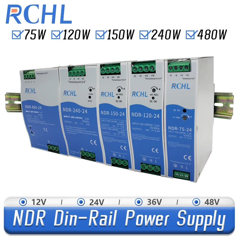 

Импульсный источник питания RCHL NDR-75/120/150/240/480 Вт переменного тока в постоянный ток Din-рейка 88-264 В переменного тока Вход 12 В/24 В/36 В/48 В с одним выходом