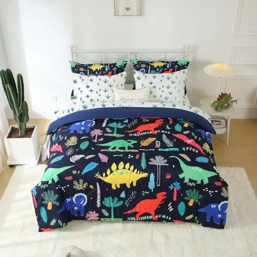 

Boys Comforter Set Size 7 Pcs Bed in a Bag Colorful Dino Bedding Set for Child Teens 1 Comforter 1 Flat Sheet 1 Fitted Sheet 2
