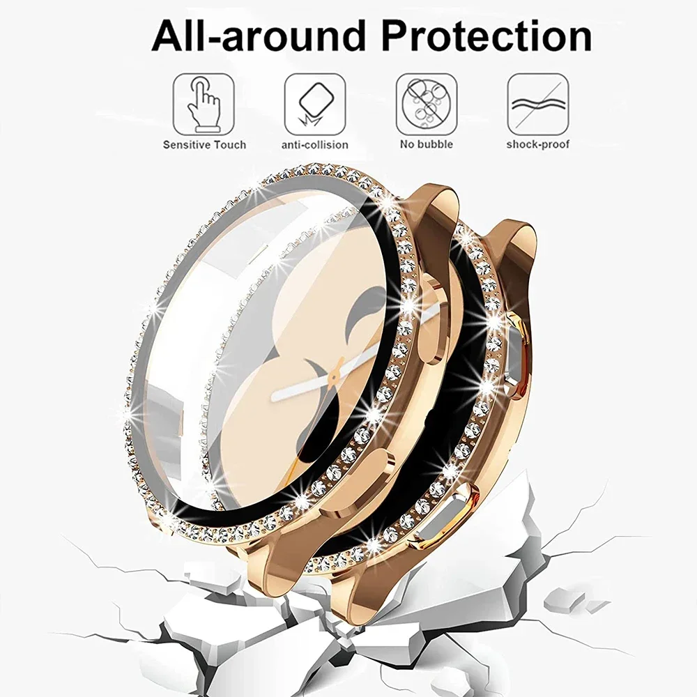 Glass+Watch Cover For Samsung Galaxy Watch 5 40mm 44mm and 5 Pro 45mm Hard PC Diamond Bling Case Bumper+Glass Screen Protector