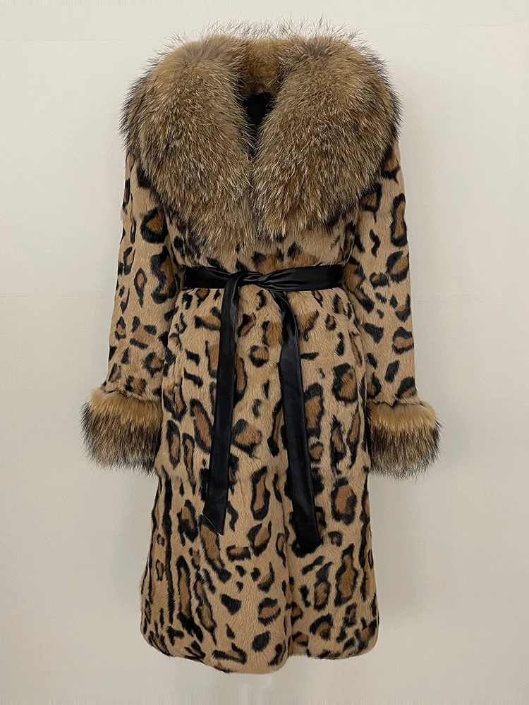 Women Fashion Autumn Winter Leopard Print Clothing Long Fox Collar Fur Jacket One-piece Thick Warm Real Rabbit Fur Jacket