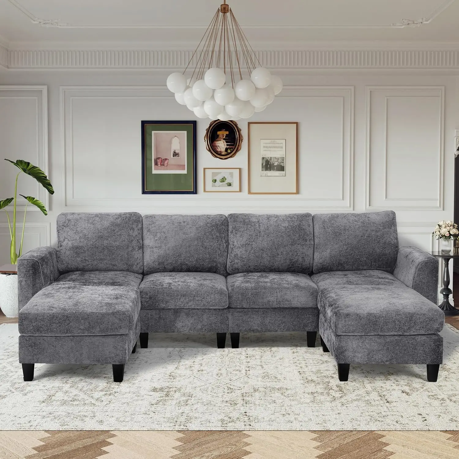 

118" U-Shaped Sectional Sofa, 4-Seat Modular with USB-C Ports, 2 Ottomans & Foldable Side Table, Grey Living Room Couch