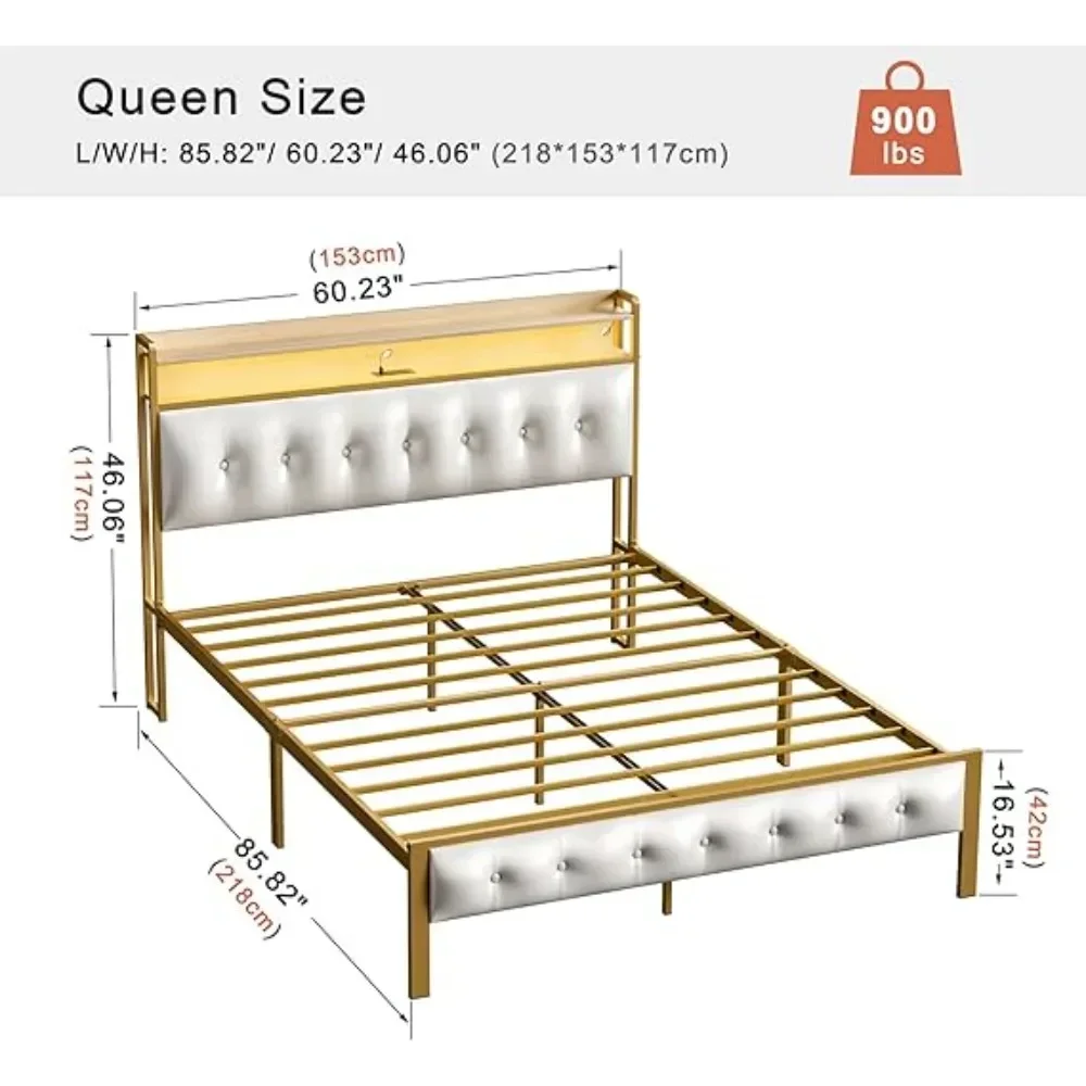 Queen Bed Frame with Storage Headboard & Footboard Upholstered Platform Bed with LED Lights USB Ports & Outlets Bed Bases Frames