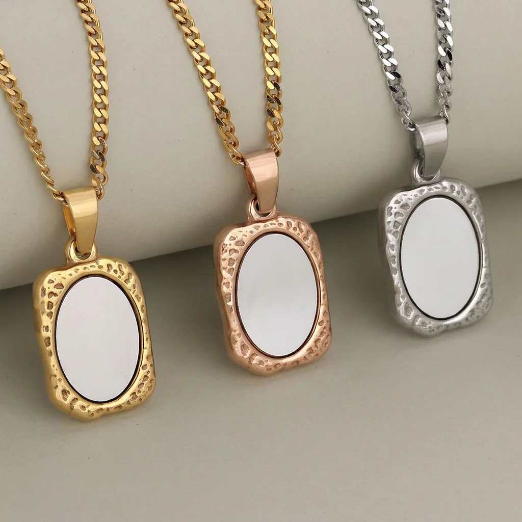 Stainless Steel Vintage Mirror Pendant Necklace For Women Girls Rectangle Shape Blank Bar Charms Chains Choker Jewelry Gifts