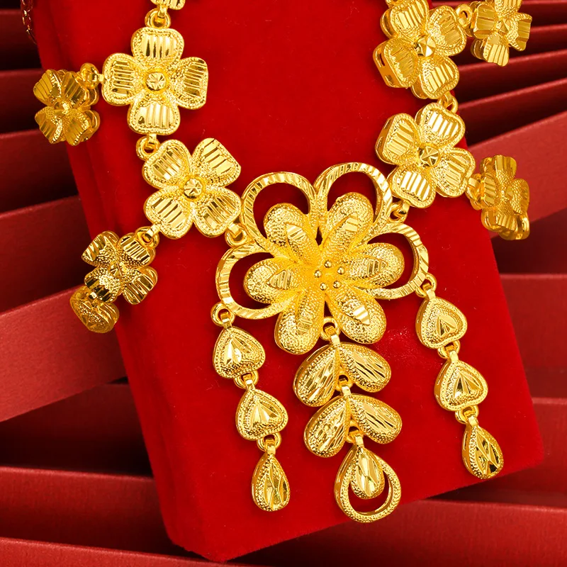 24K real gold  9999 yellow gold Women\'s Wedding Necklace Flower Necklace Wedding Set Chain Ethnic Style Vintage Hollow