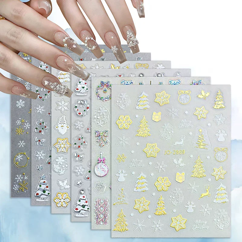 1Sheet 3D Colorful Snowflake Nail Art Stickers Self-Adhesive Sparkle Christmas Tree Snowflakes Decals Winter Manicure Sliders