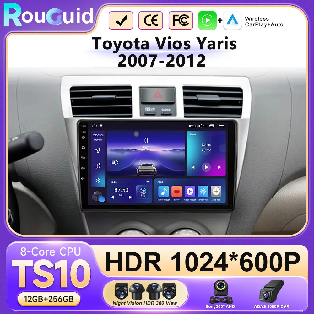 Android 16 Car Stereo Radio For Toyota Vios Yaris 2007 -2012 Multimedia Video Player Carplay Navigation With Touch QLED Screen