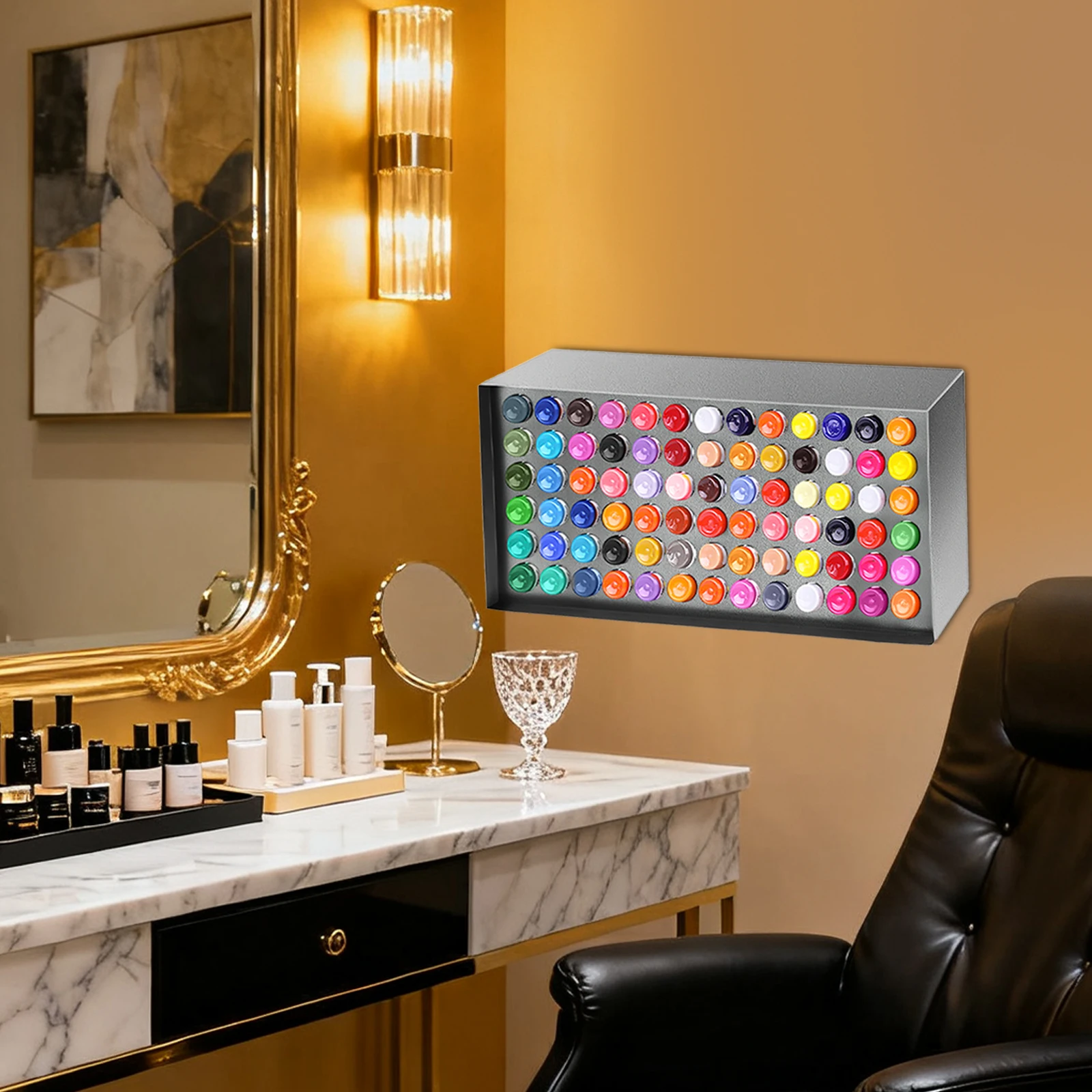 رف زجاجة حبر الصباغ، حامل حبر مع 78 فتحة، رف زجاجة الصباغ المثبت على الحائط لصالونات الأظافر وصالونات الشعر