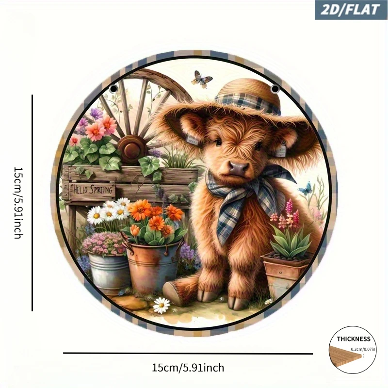 1pc 2D Flat/2D Flat Printing, 1pc, Vintage Wooden Spring Highland Cow Floral Emblem | Spring Farm Decor with Adorable Brown Calf