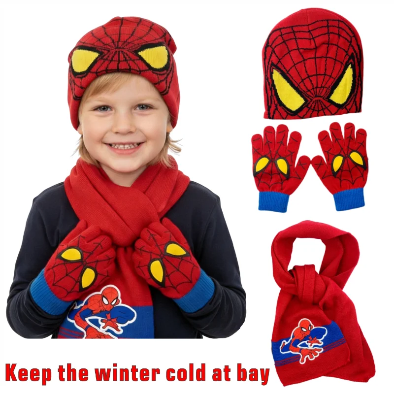 Cálido invierno Spiderman Cosplay tejido 3 uds rojo amarillo dibujos animados Spider-man sombrero bufanda guantes para niño niña accesorio de juego de nieve al aire libre